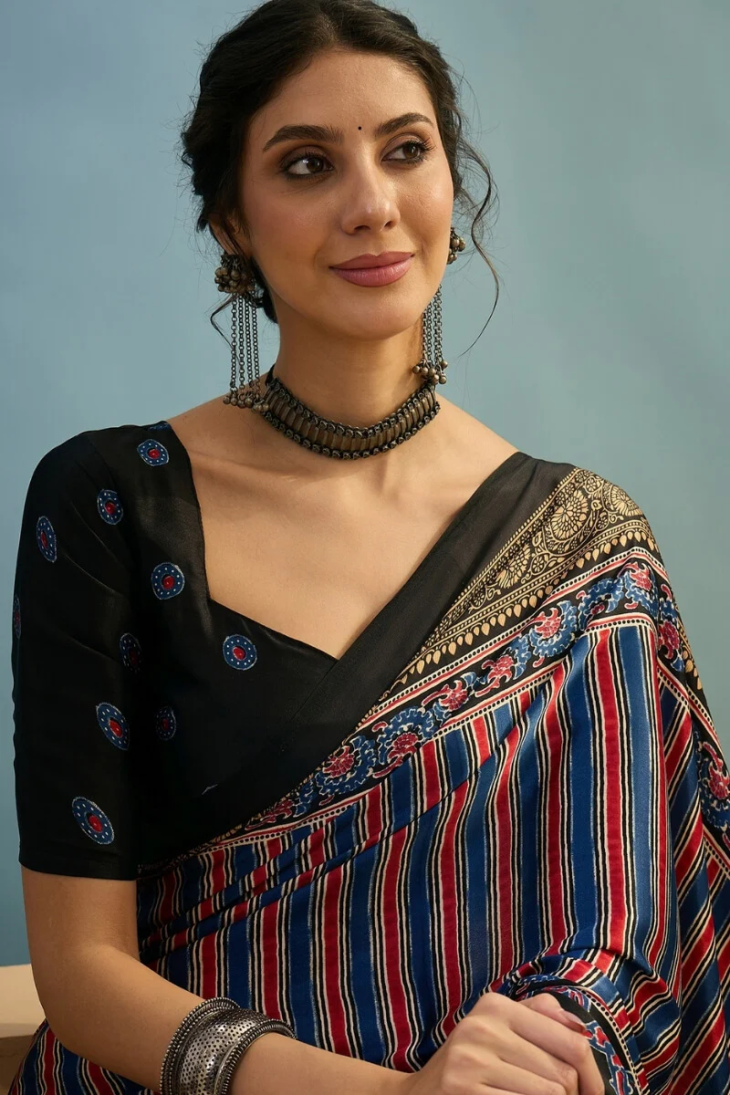 Ethereal Navy Blue Ajrakh Printed Semi Modal Silk Saree With Charming Blouse Piece - Image 3