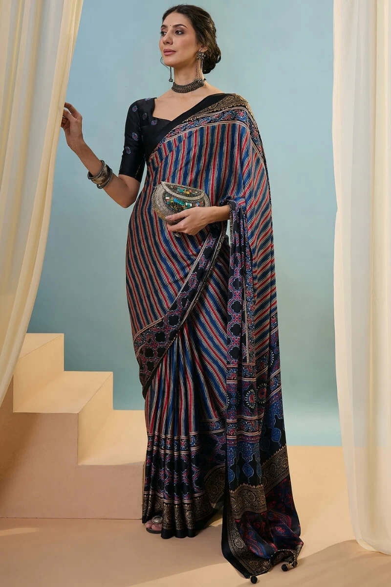 Ethereal Navy Blue Ajrakh Printed Semi Modal Silk Saree With Charming Blouse Piece - Image 4