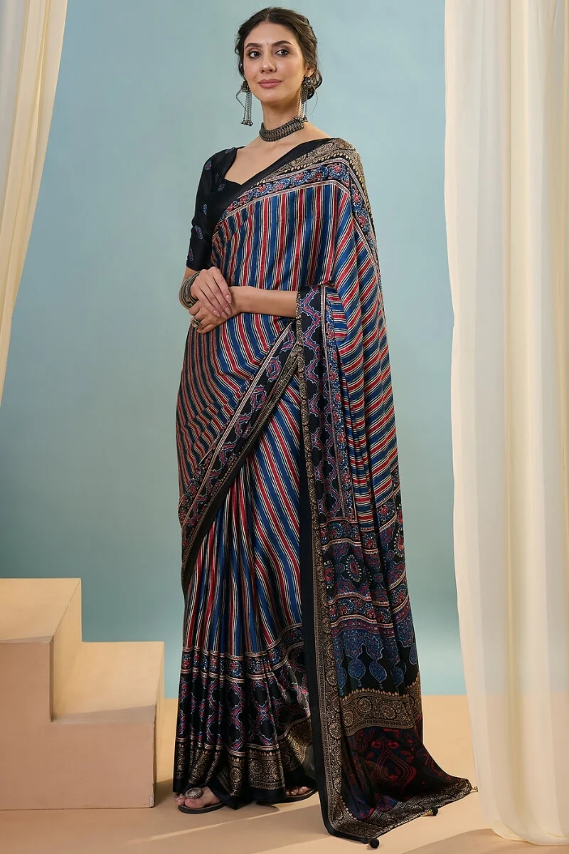 Ethereal Navy Blue Ajrakh Printed Semi Modal Silk Saree With Charming Blouse Piece - Image 5