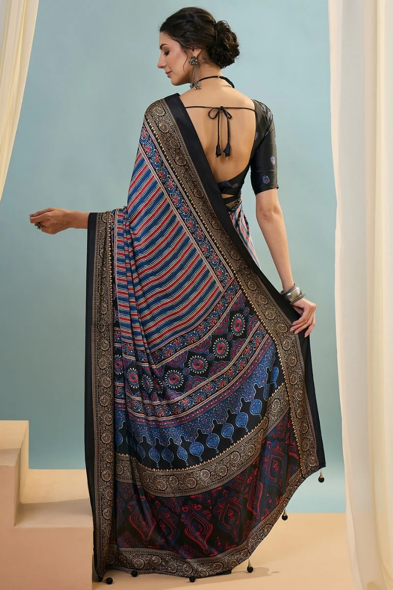 Ethereal Navy Blue Ajrakh Printed Semi Modal Silk Saree With Charming Blouse Piece - Image 7