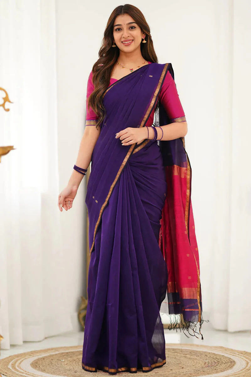 Ethereal Purple Cotton Silk Saree With Quixotic Blouse Piece - Image 3