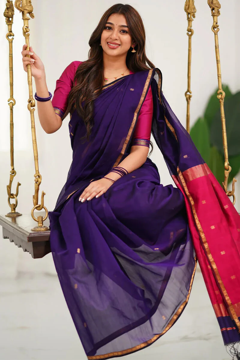 Ethereal Purple Cotton Silk Saree With Quixotic Blouse Piece - Image 5
