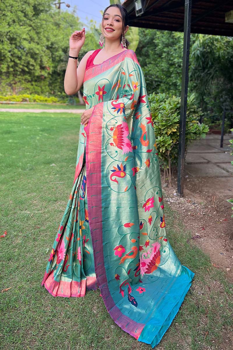 Ethereal Turquoise Paithani Silk Saree With Radiant Blouse Piece - Image 3