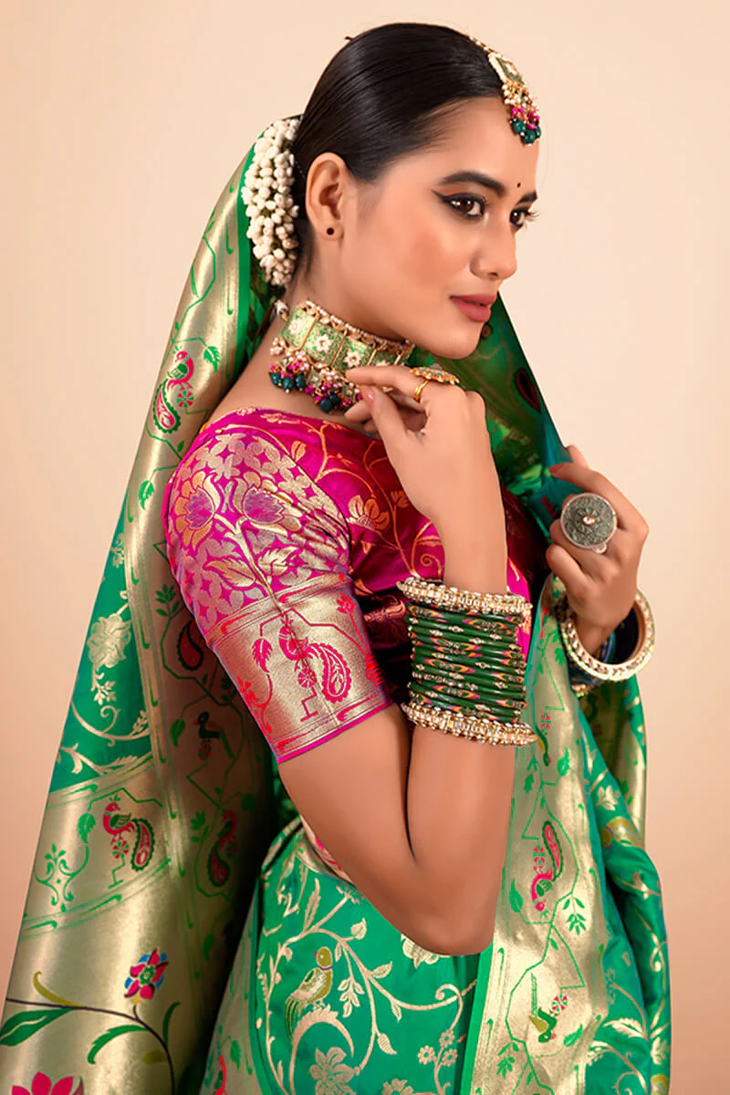 Ethnic Green Paithani Silk Saree With Ravishing Blouse Piece - Image 2