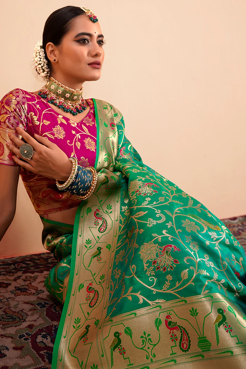 Ethnic Green Paithani Silk Saree With Ravishing Blouse Piece - Image 3