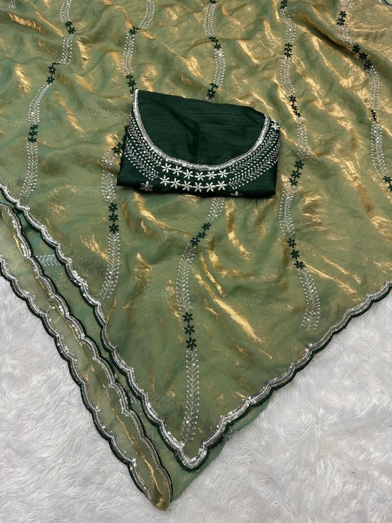 Ethnic Green Sequence Work Fandy Silk Saree With Glamorous Blouse Piece - Image 3