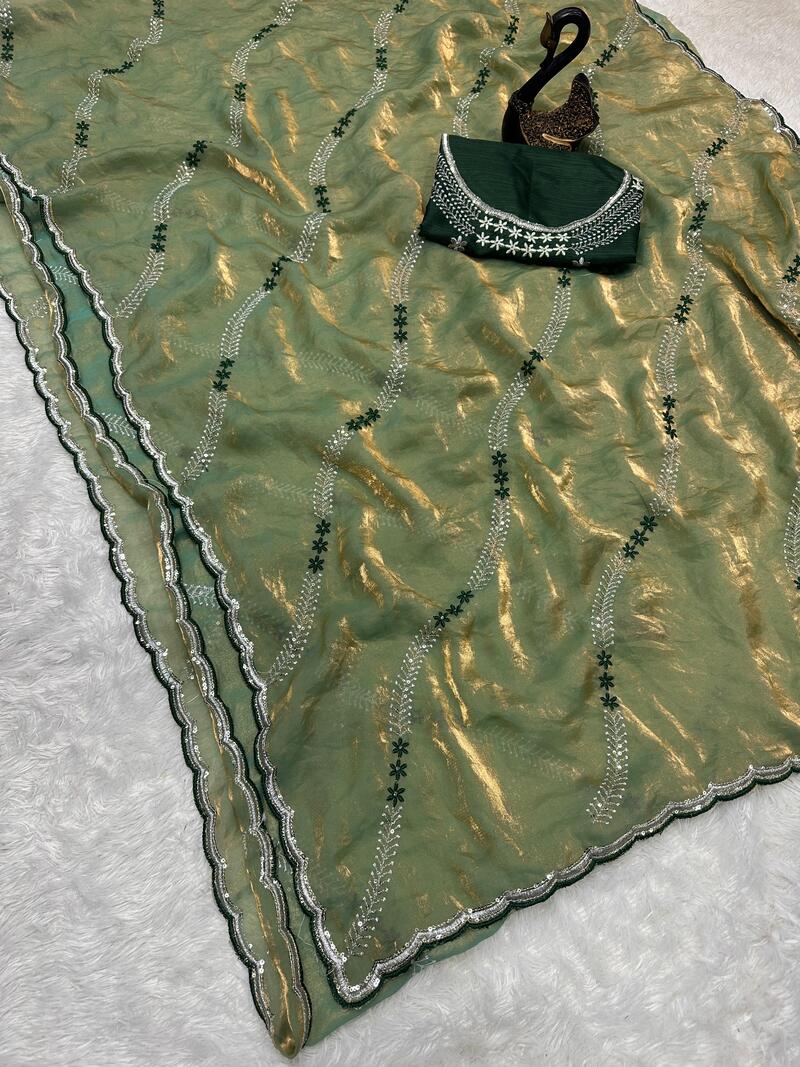Ethnic Green Sequence Work Fandy Silk Saree With Glamorous Blouse Piece - Image 4