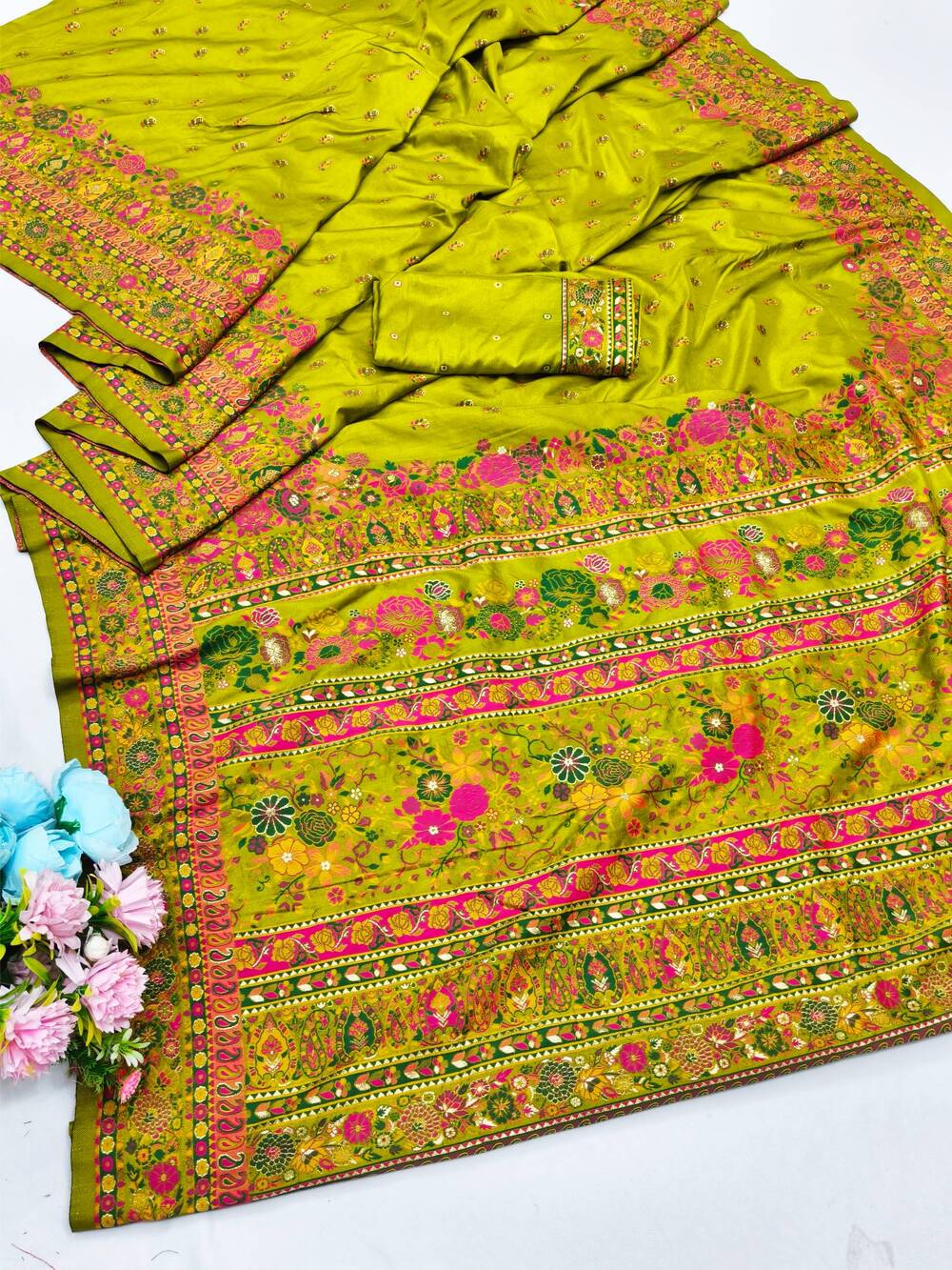 Ethnic Mehndi Nylon Dola Pashmina Saree With Quixotic Blouse Piece - Image 5