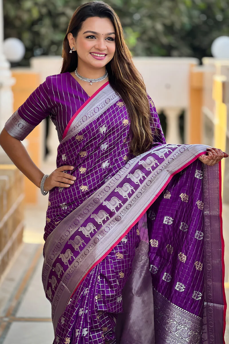 Ethnic Purple Soft Banarasi Silk Saree With Nemesis Blouse Piece - Image 2