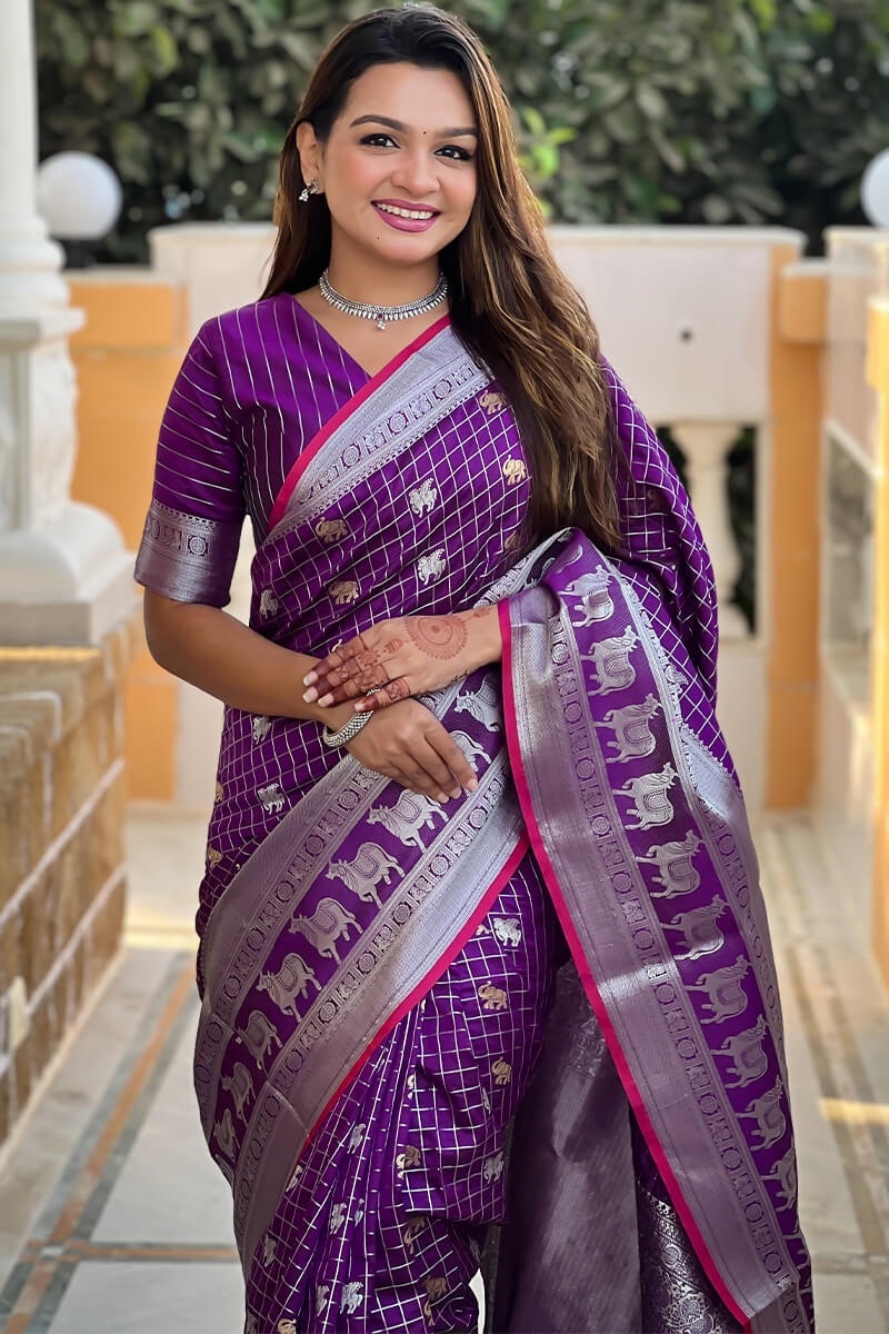 Ethnic Purple Soft Banarasi Silk Saree With Nemesis Blouse Piece - Image 3