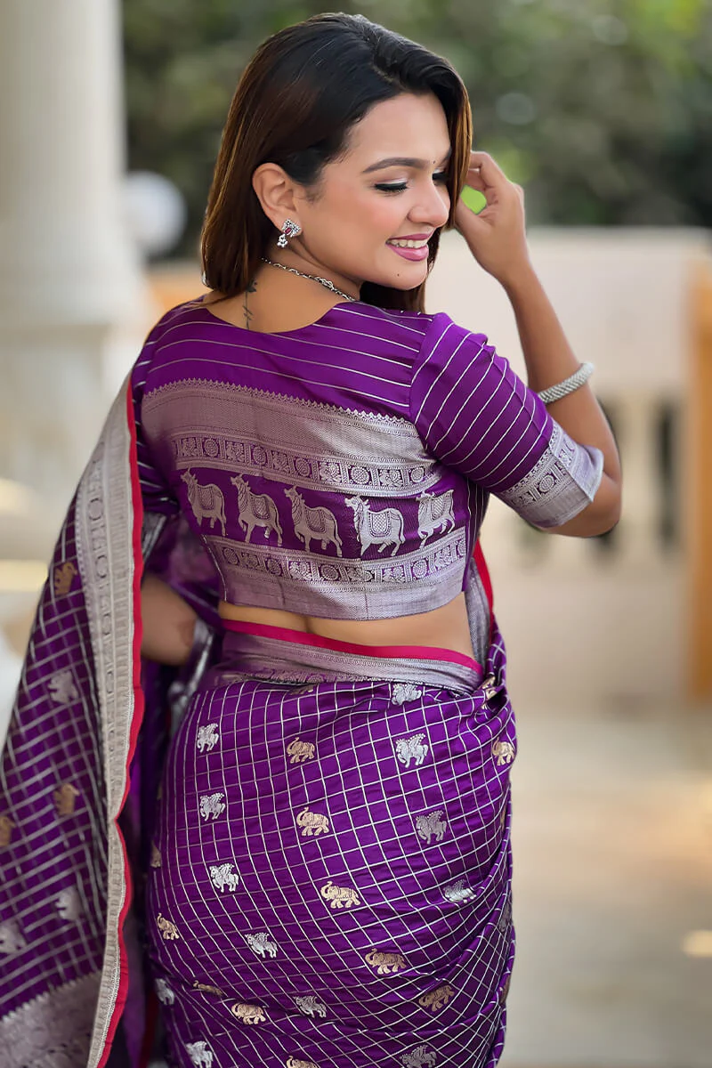 Ethnic Purple Soft Banarasi Silk Saree With Nemesis Blouse Piece - Image 5