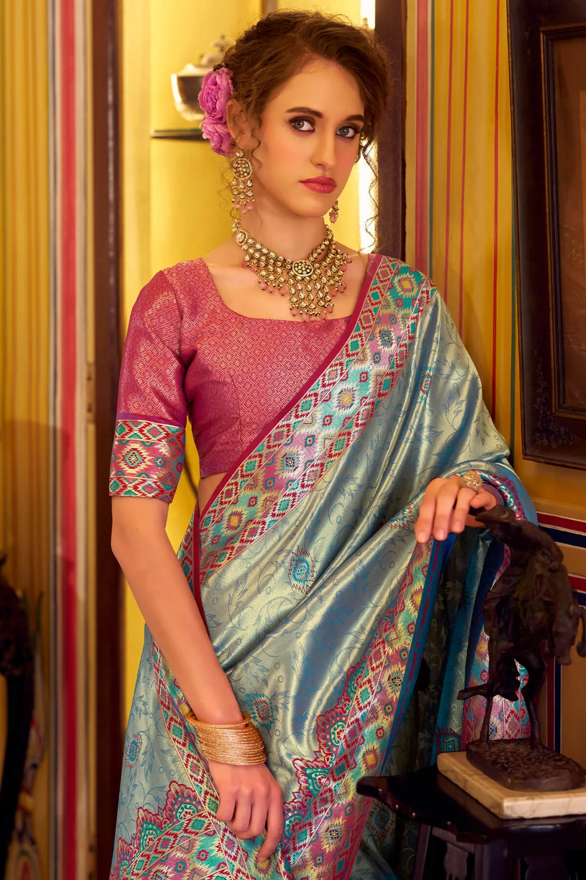 Ethnic Rama Tissue Patola Silk Saree with Enticing Blouse Piece - Image 2
