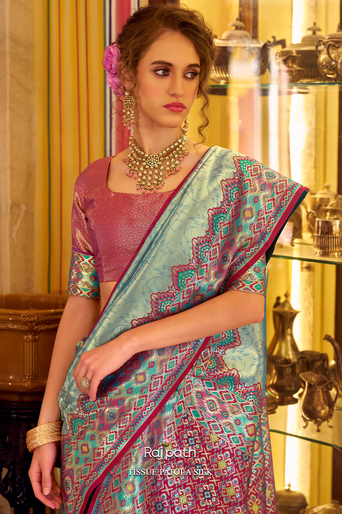 Ethnic Rama Tissue Patola Silk Saree with Enticing Blouse Piece - Image 4