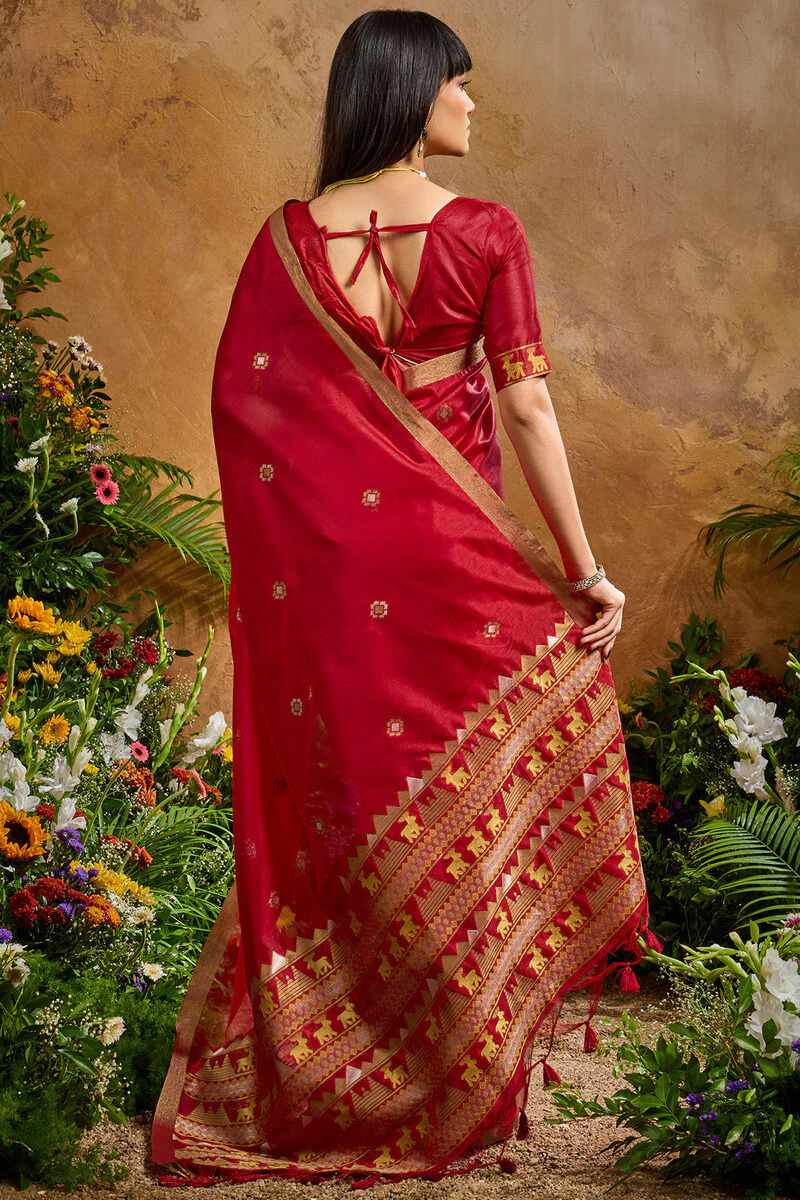 Ethnic Red Banarasi Tussar Silk Saree With Hypnotic Blouse Piece - Image 7