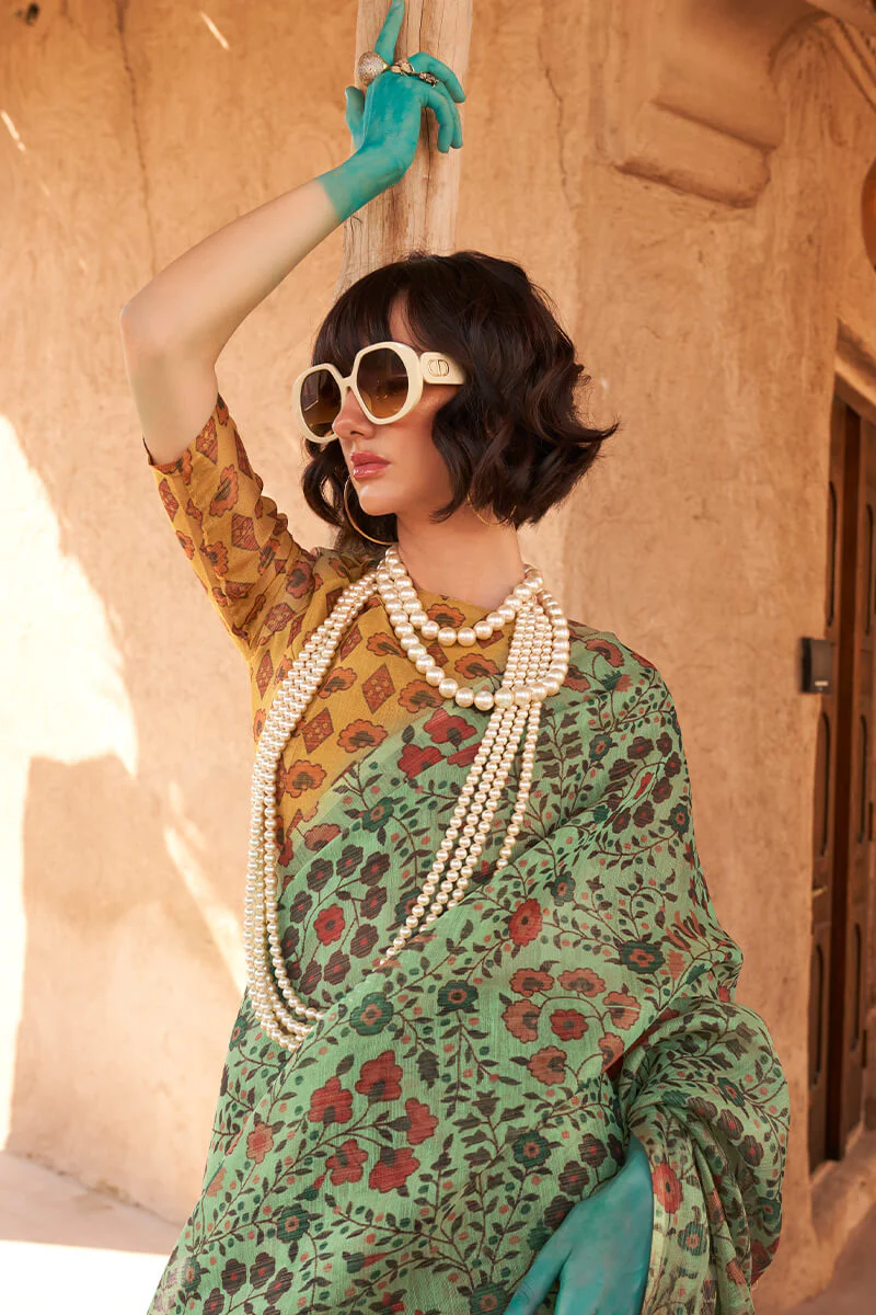 Ethnic Sea Green Digital Printed Tissue Silk Saree With Delightful Blouse Piece - Image 2