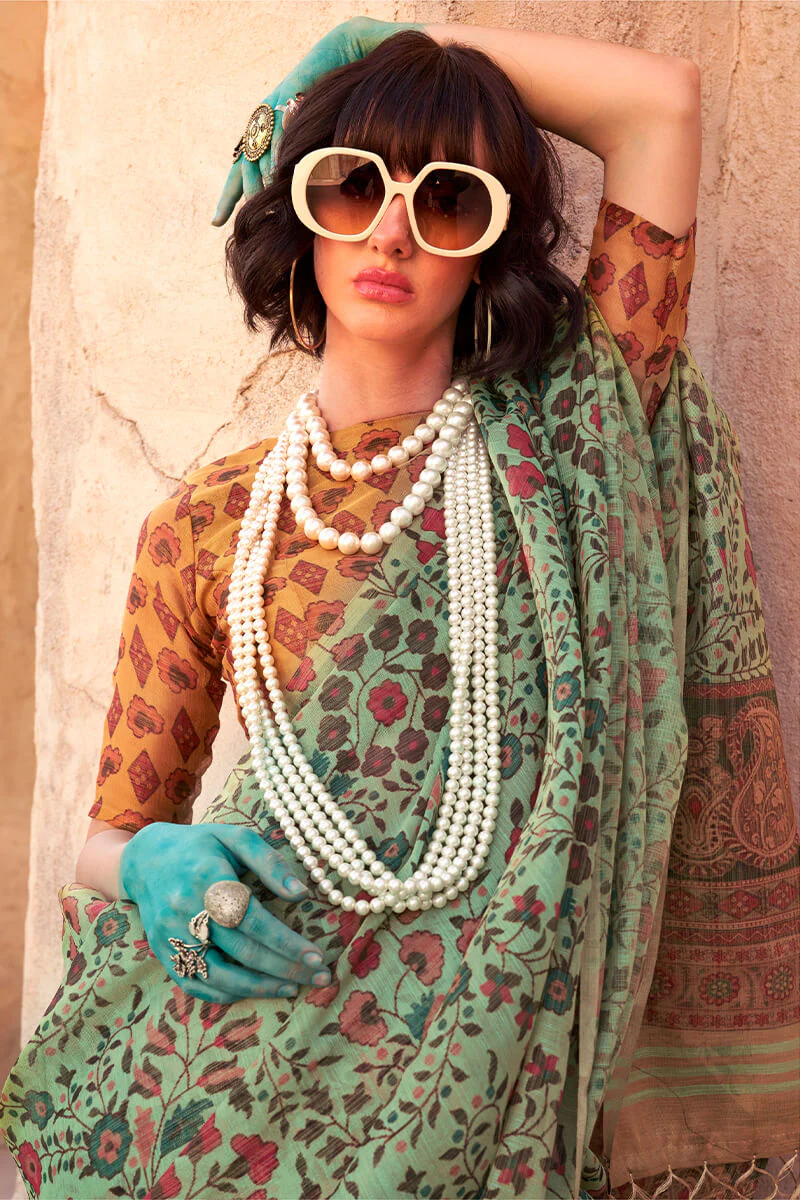 Ethnic Sea Green Digital Printed Tissue Silk Saree With Delightful Blouse Piece - Image 3