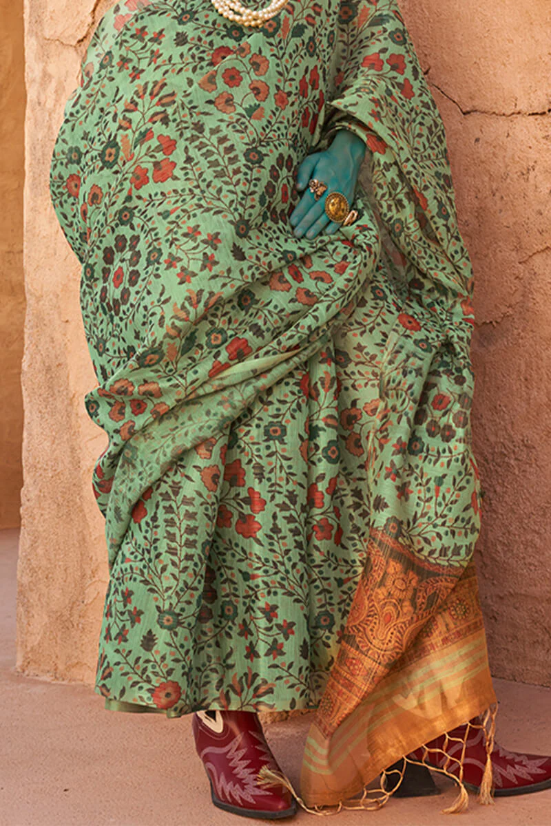 Ethnic Sea Green Digital Printed Tissue Silk Saree With Delightful Blouse Piece - Image 4