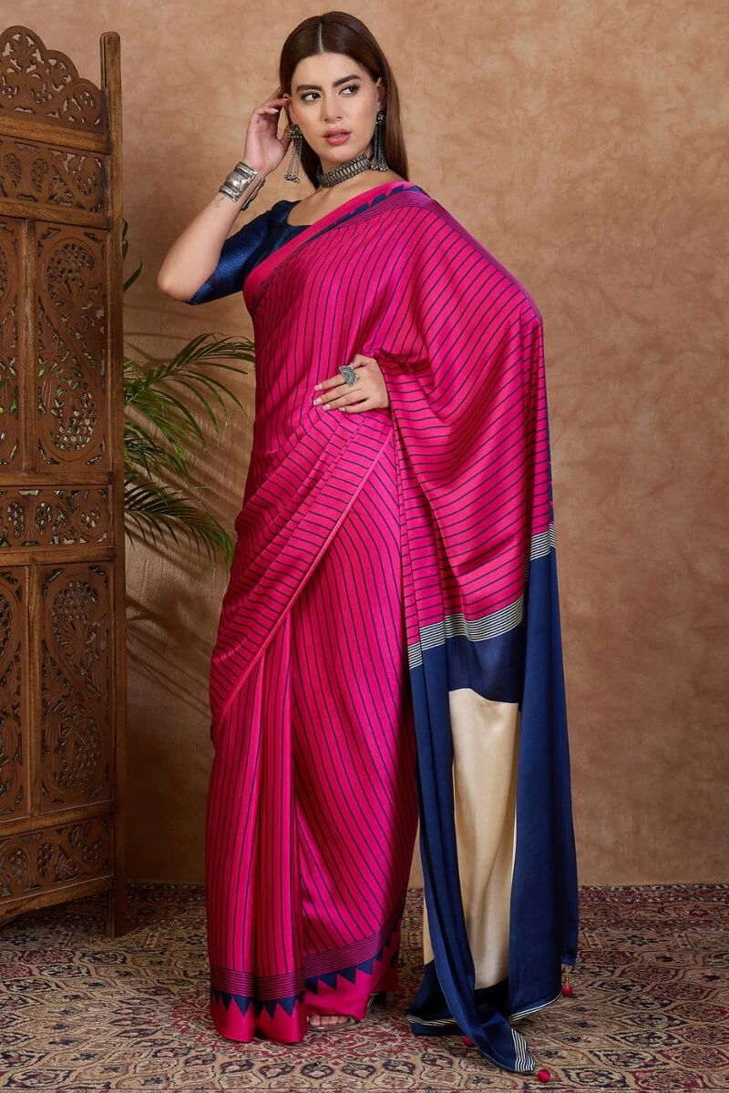 Evanescent Dark Pink Ajrakh Printed Semi Modal Silk Saree With Energetic Blouse Piece - Image 5