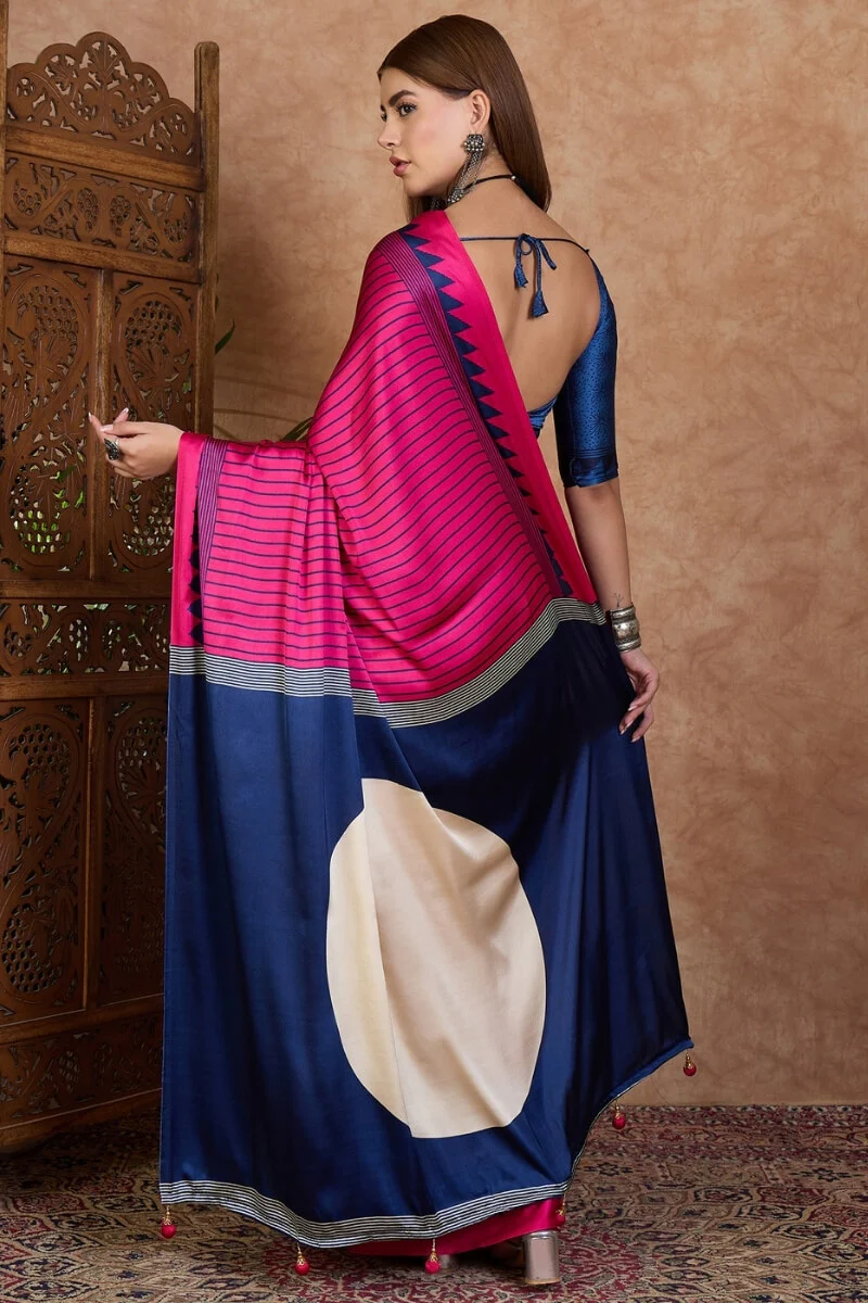 Evanescent Dark Pink Ajrakh Printed Semi Modal Silk Saree With Energetic Blouse Piece - Image 7