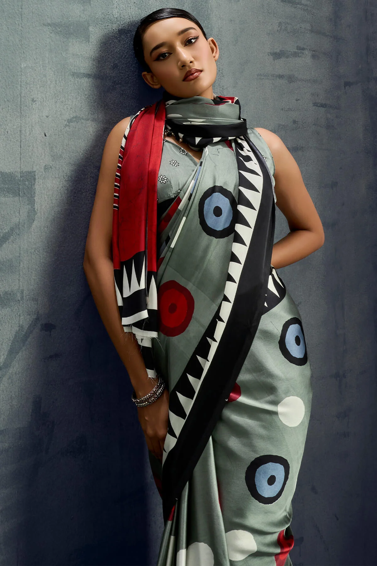 Evanescent Grey Ajrakh Printed Satin Silk Saree With Tremendous Blouse Piece - Image 2