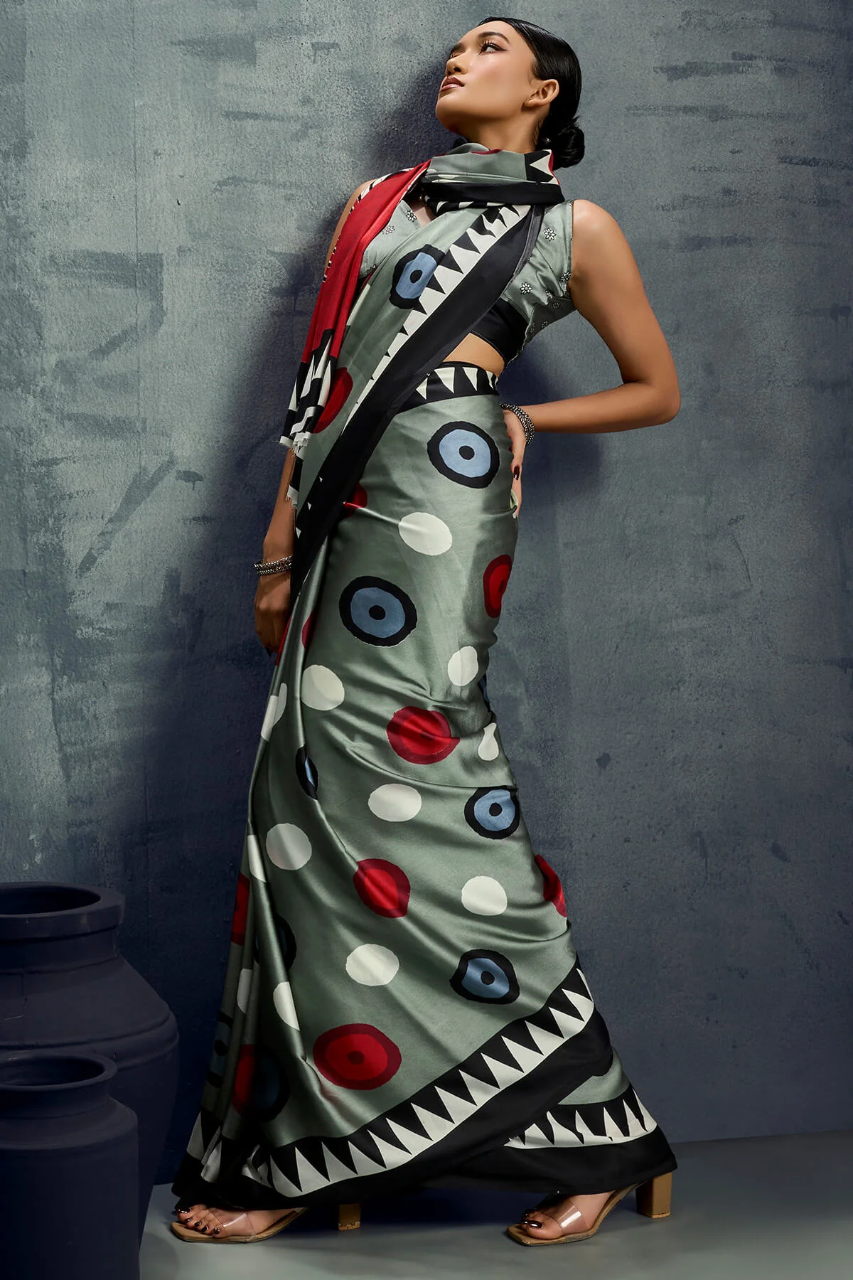 Evanescent Grey Ajrakh Printed Satin Silk Saree With Tremendous Blouse Piece - Image 3