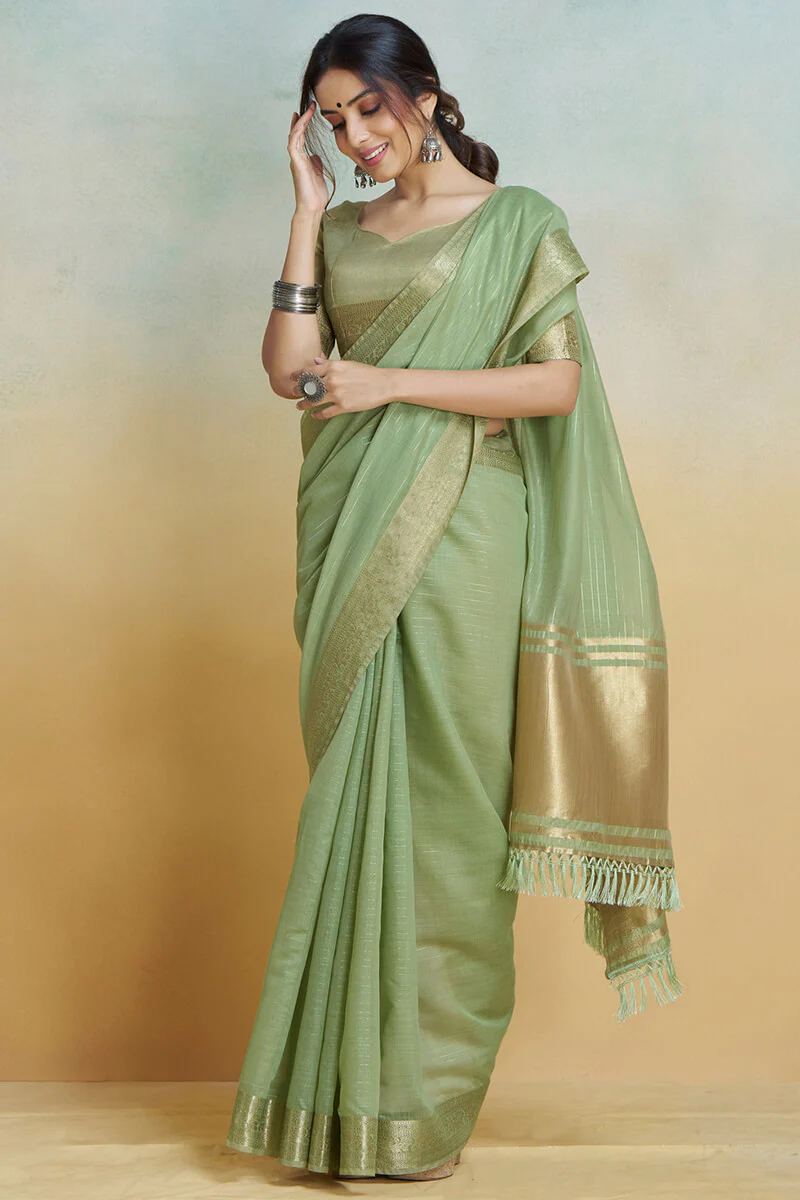 Evanescent Pista Cotton Silk Saree With Confounding Blouse Piece - Image 3