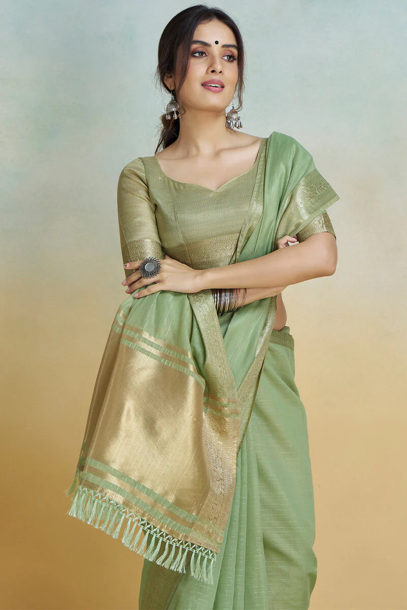 Evanescent Pista Cotton Silk Saree With Confounding Blouse Piece - Image 4