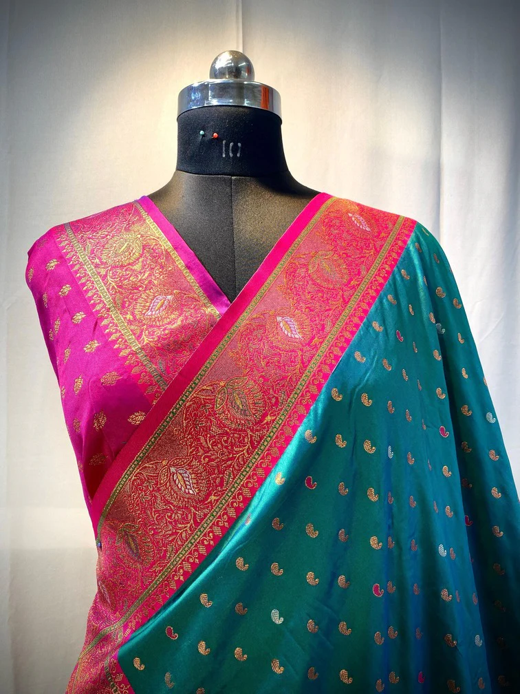 Evanescent Rama Soft Banarasi Silk Saree With Petrichor Blouse Piece - Image 2