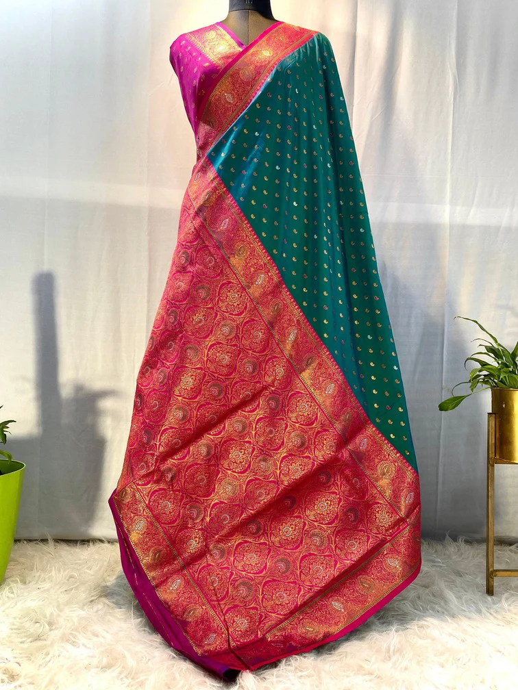 Evanescent Rama Soft Banarasi Silk Saree With Petrichor Blouse Piece - Image 3