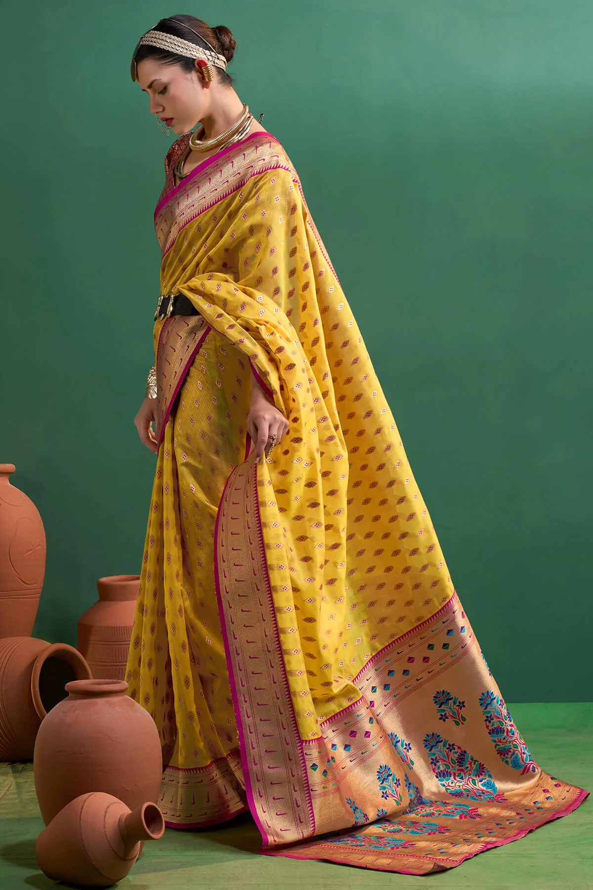 Evanescent Yellow Organza Paithani Silk Saree With Ephemeral Blouse Piece - Image 3