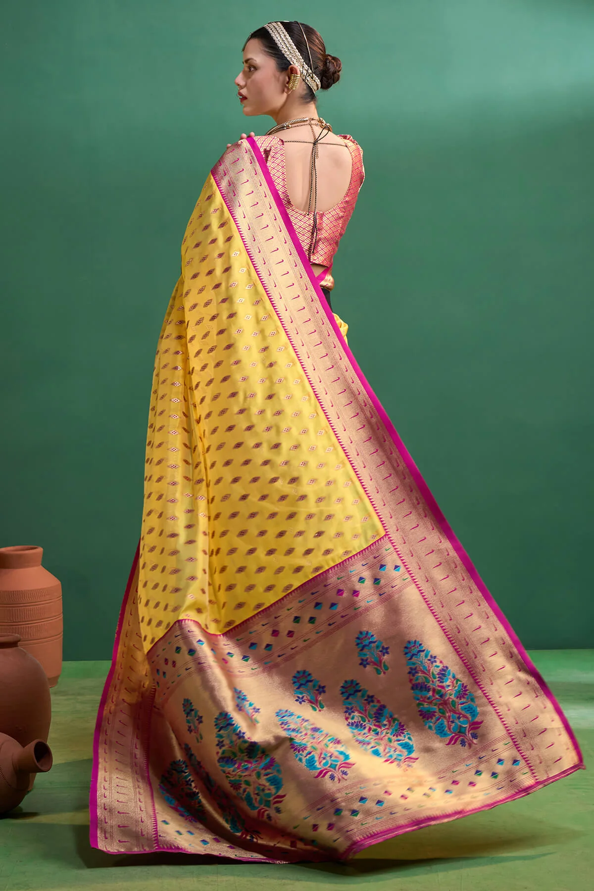 Evanescent Yellow Organza Paithani Silk Saree With Ephemeral Blouse Piece - Image 6