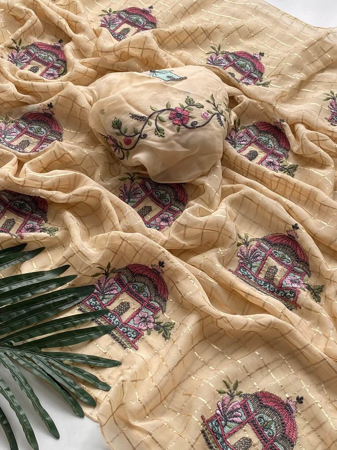 Evocative Beige Embroidery Work Georgette Saree With Redolent Blouse Piece - Image 5