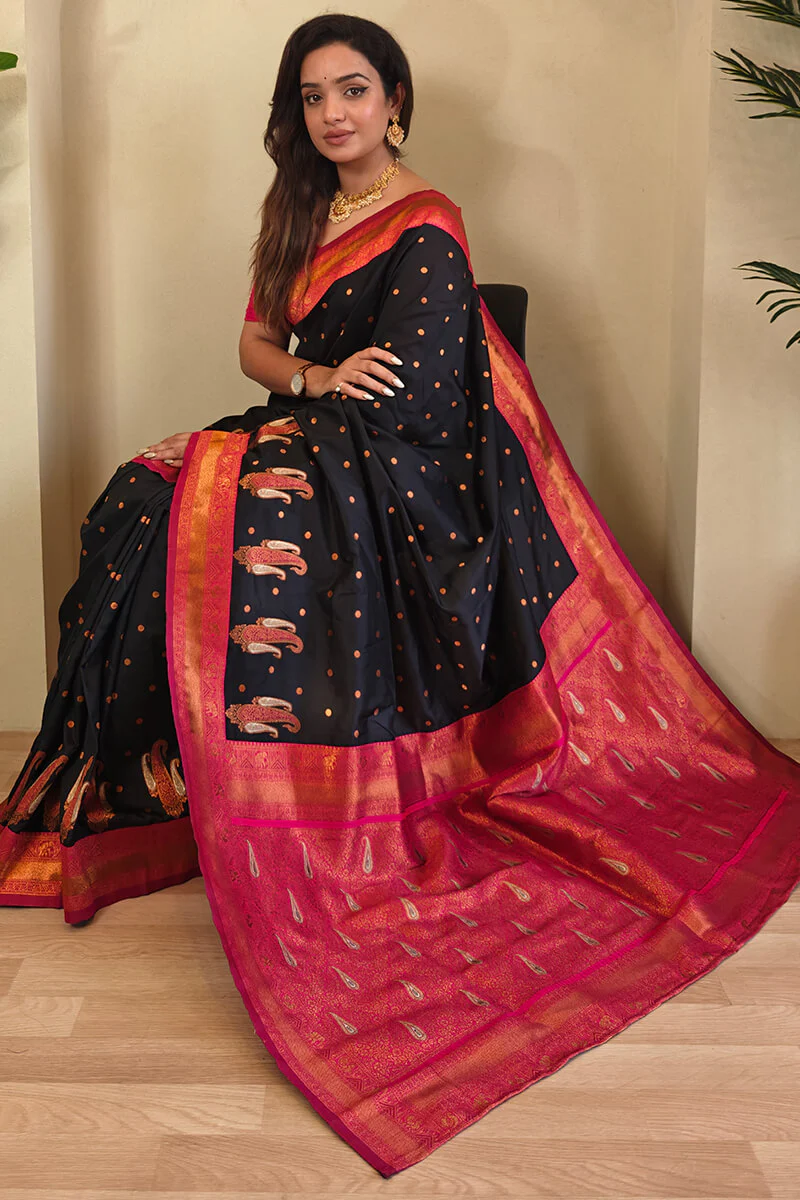 Evocative Black Soft Banarasi Silk Saree With Panoply Blouse Piece - Image 2