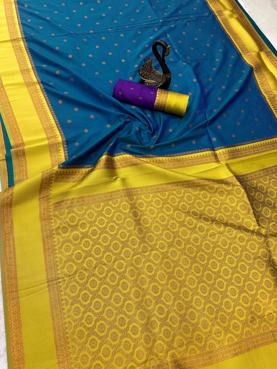 Evocative Blue Soft Banarasi Silk Saree With Classy Blouse Piece - Image 3