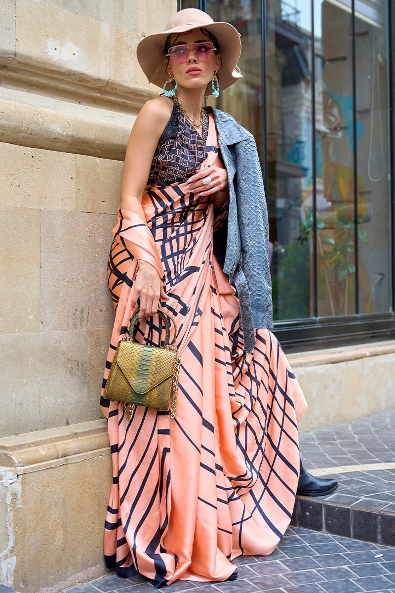 Evocative Peach Digital Printed Satin Silk Saree With Palimpsest Blouse Piece - Image 5
