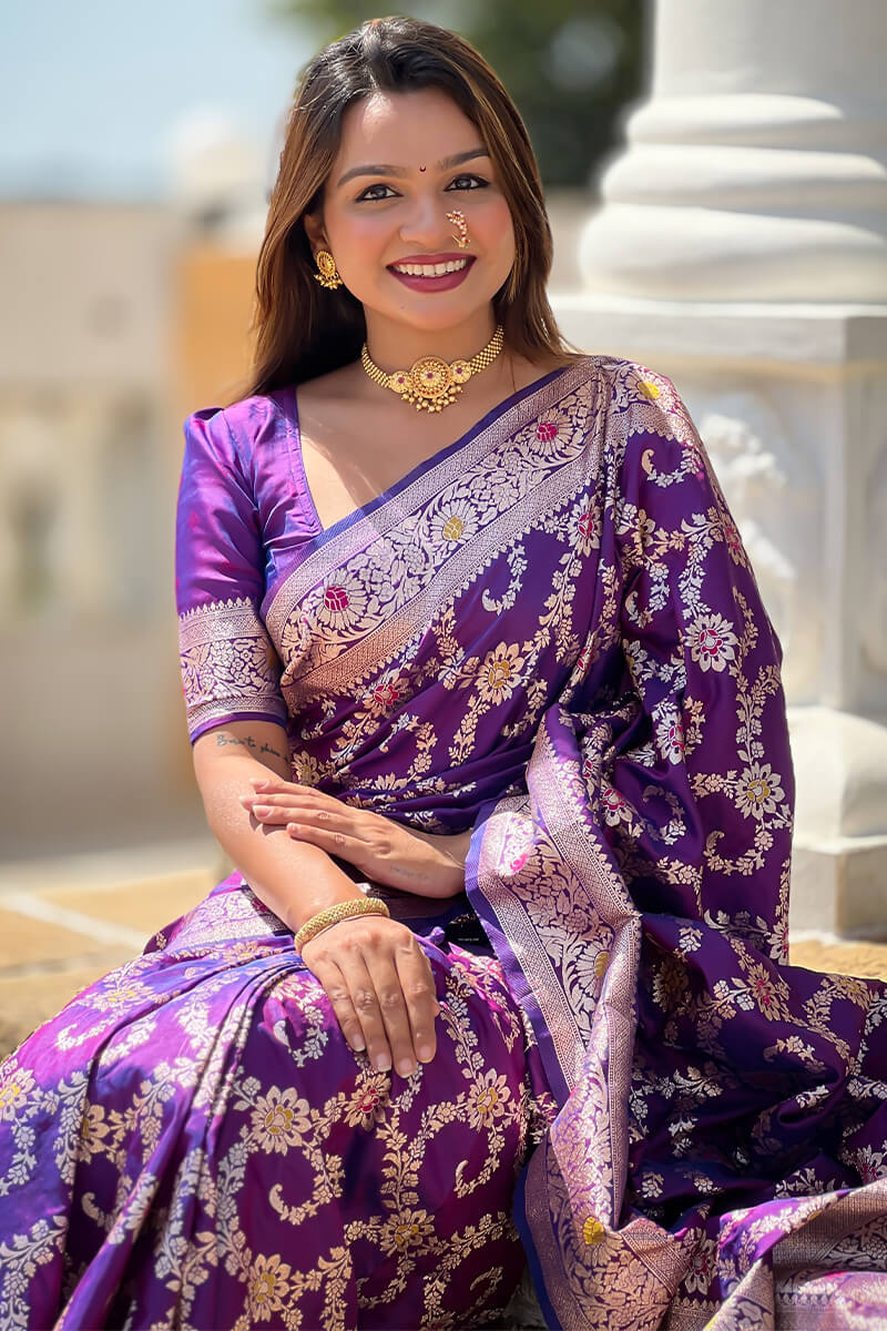 Evocative Royal Purple Soft Banarasi Silk Saree With Moiety Blouse Piece - Image 3