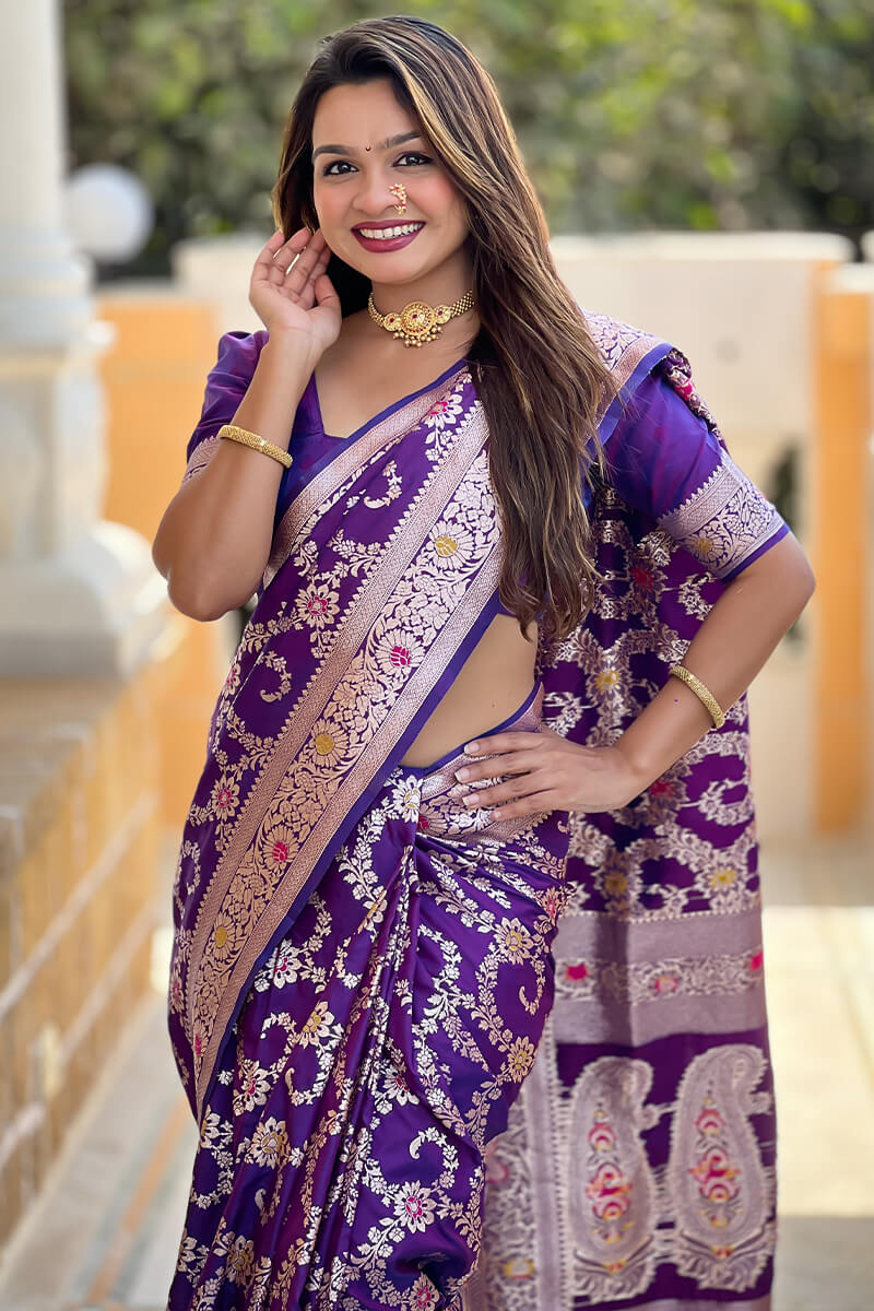 Evocative Royal Purple Soft Banarasi Silk Saree With Moiety Blouse Piece - Image 5