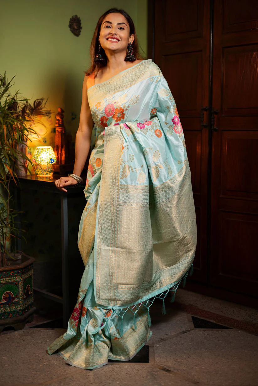 Evocative Sky Soft Banarasi Silk Saree With Petrichor Blouse Piece - Image 3