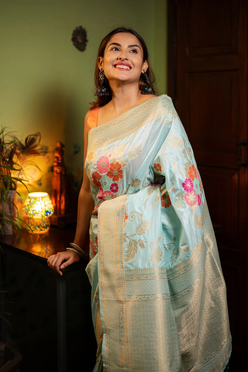 Evocative Sky Soft Banarasi Silk Saree With Petrichor Blouse Piece - Image 5