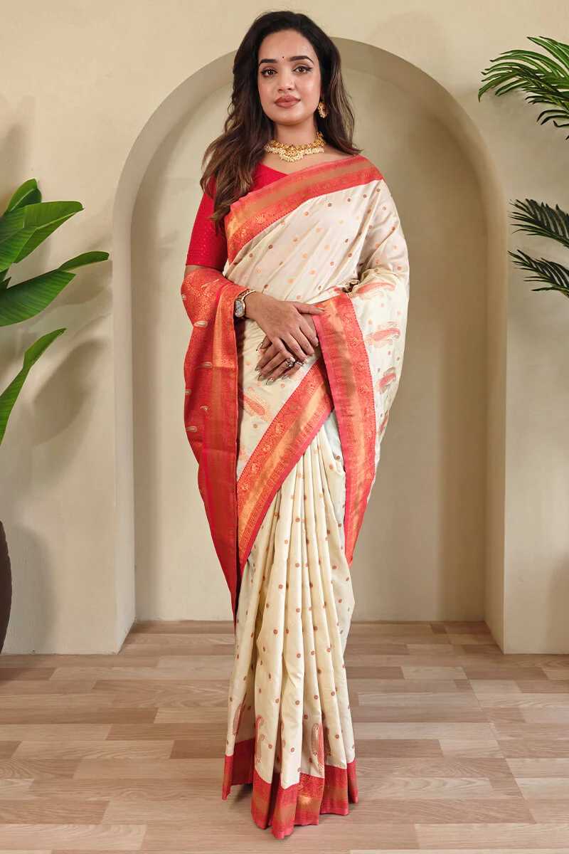Excellent Beige Soft Banarasi Silk Saree With Demesne Blouse Piece - Image 3