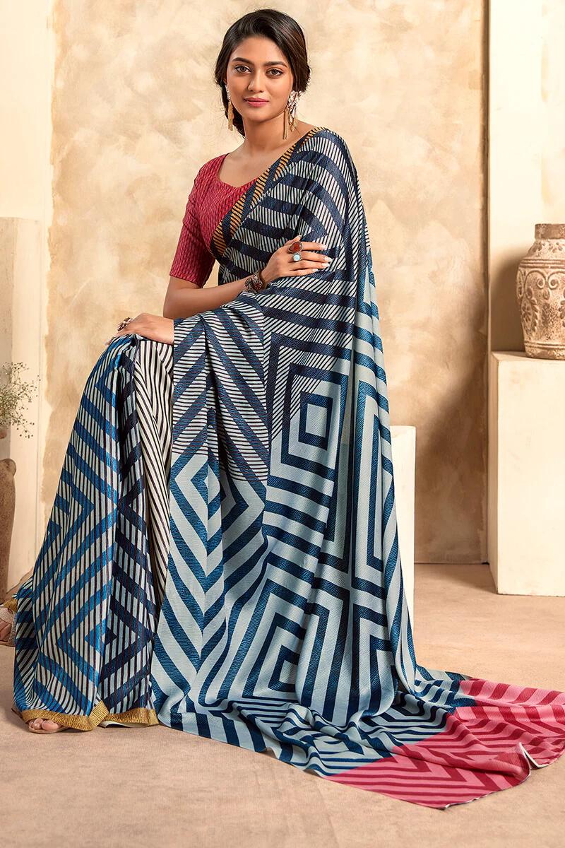 Excellent Grey Digital Printed Soft Silk Saree With Excellent Blouse Piece - Image 3
