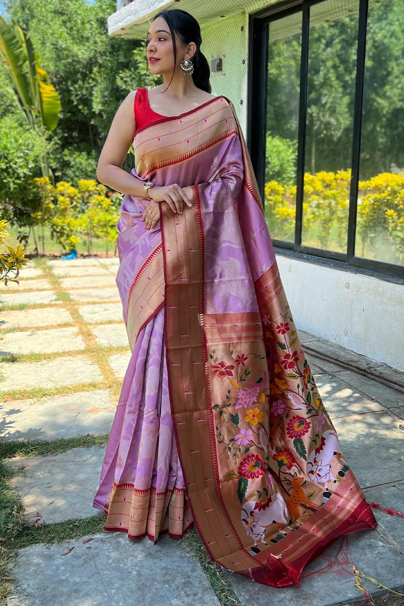 Excellent Lavender Paithani Silk Saree With Stunner Blouse Piece