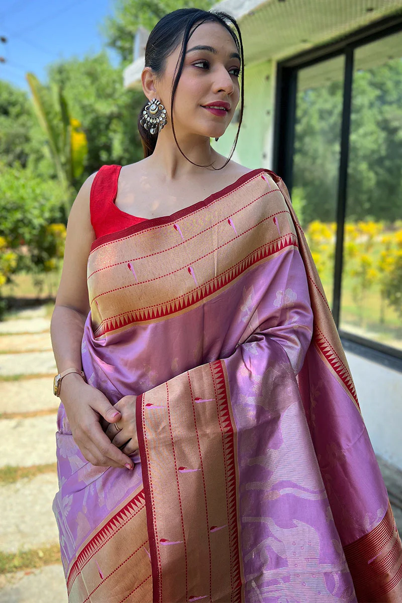 Excellent Lavender Paithani Silk Saree With Stunner Blouse Piece - Image 2