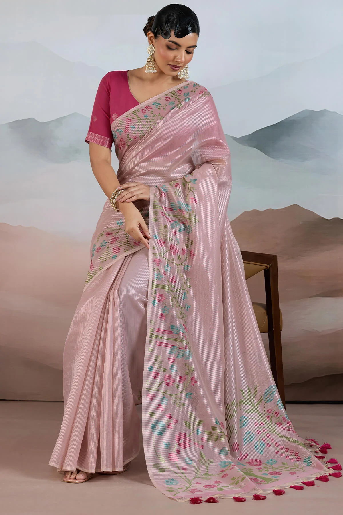 Excellent Pink Soft Banarasi Tissue Silk Saree With Dissemble Blouse Piece - Image 3