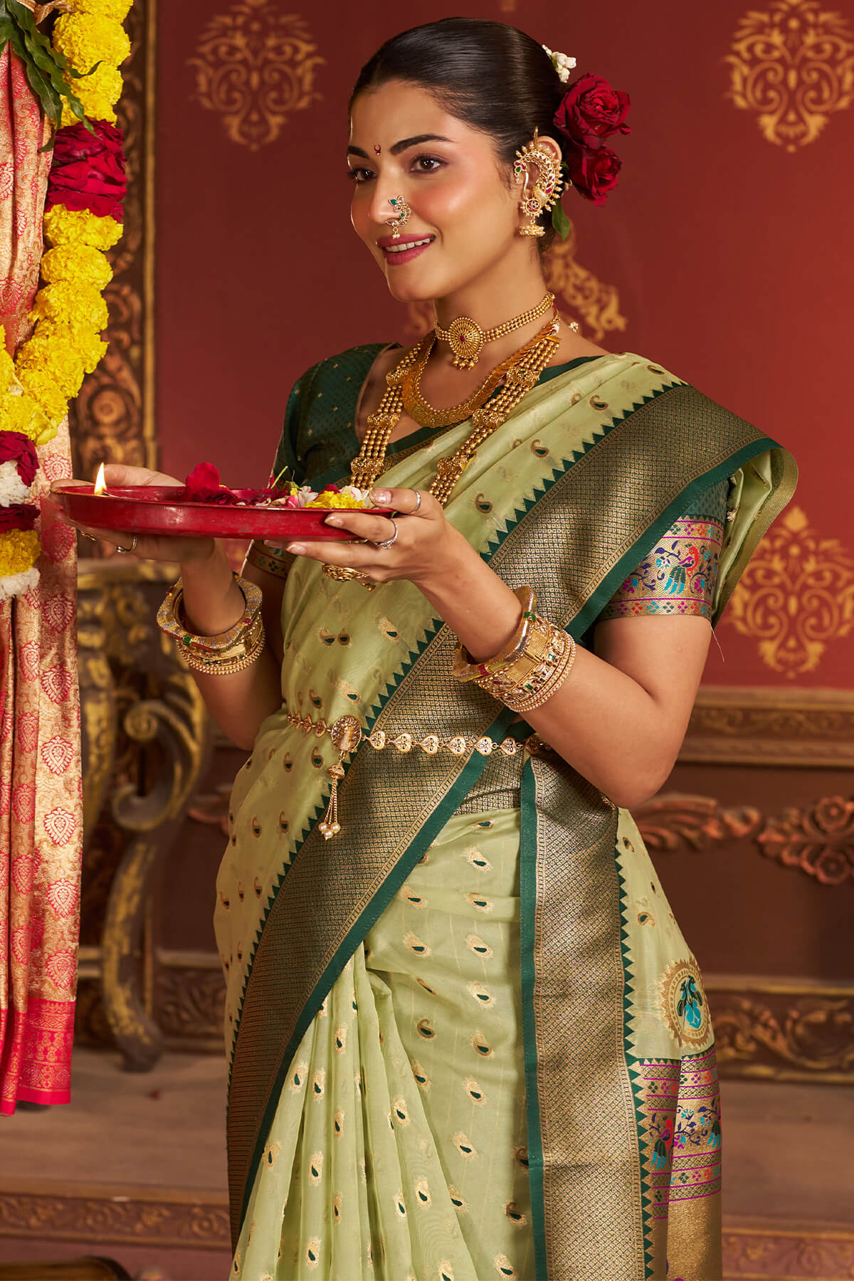 Excellent Pista Organza Paithani Silk Saree With Exceptional Blouse Piece - Image 2