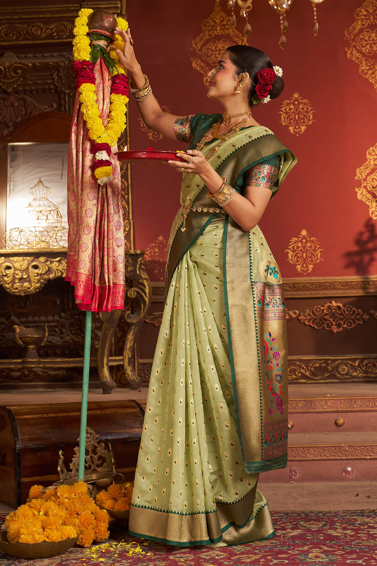 Excellent Pista Organza Paithani Silk Saree With Exceptional Blouse Piece - Image 3