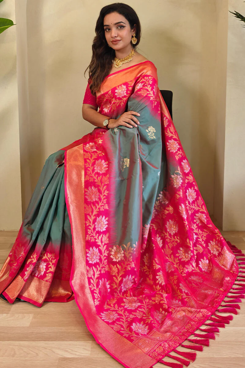 Exceptional Grey Soft Banarasi Silk Saree With Gratifying Blouse Piece - Image 2