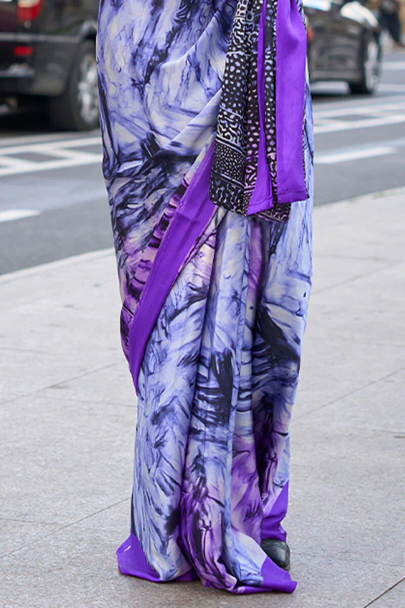 Exceptional Lavender Digital Printed Satin Silk Saree With Majesty Blouse Piece - Image 3