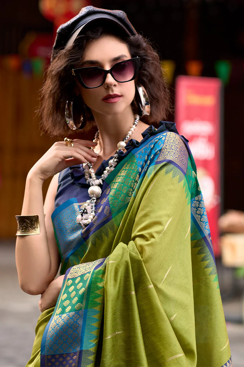 Exceptional Mehndi Soft Banarasi Silk Saree With Mesmeric Blouse Piece - Image 2