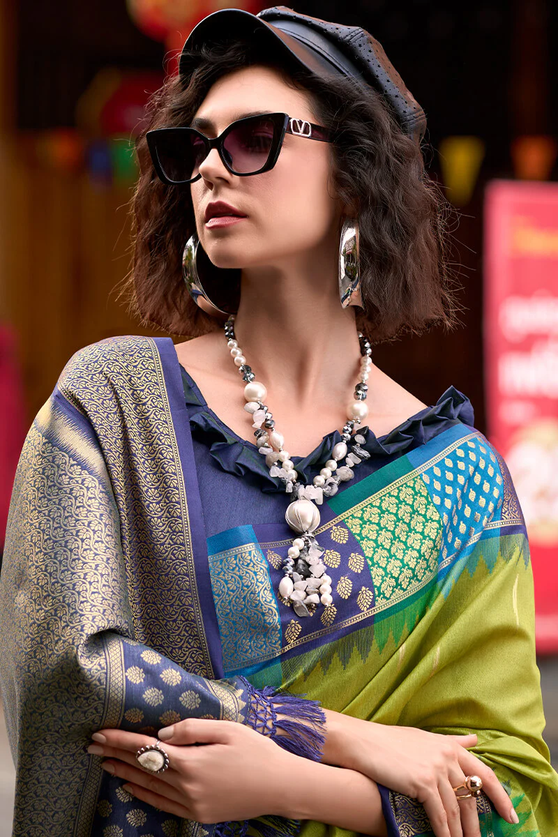 Exceptional Mehndi Soft Banarasi Silk Saree With Mesmeric Blouse Piece - Image 3